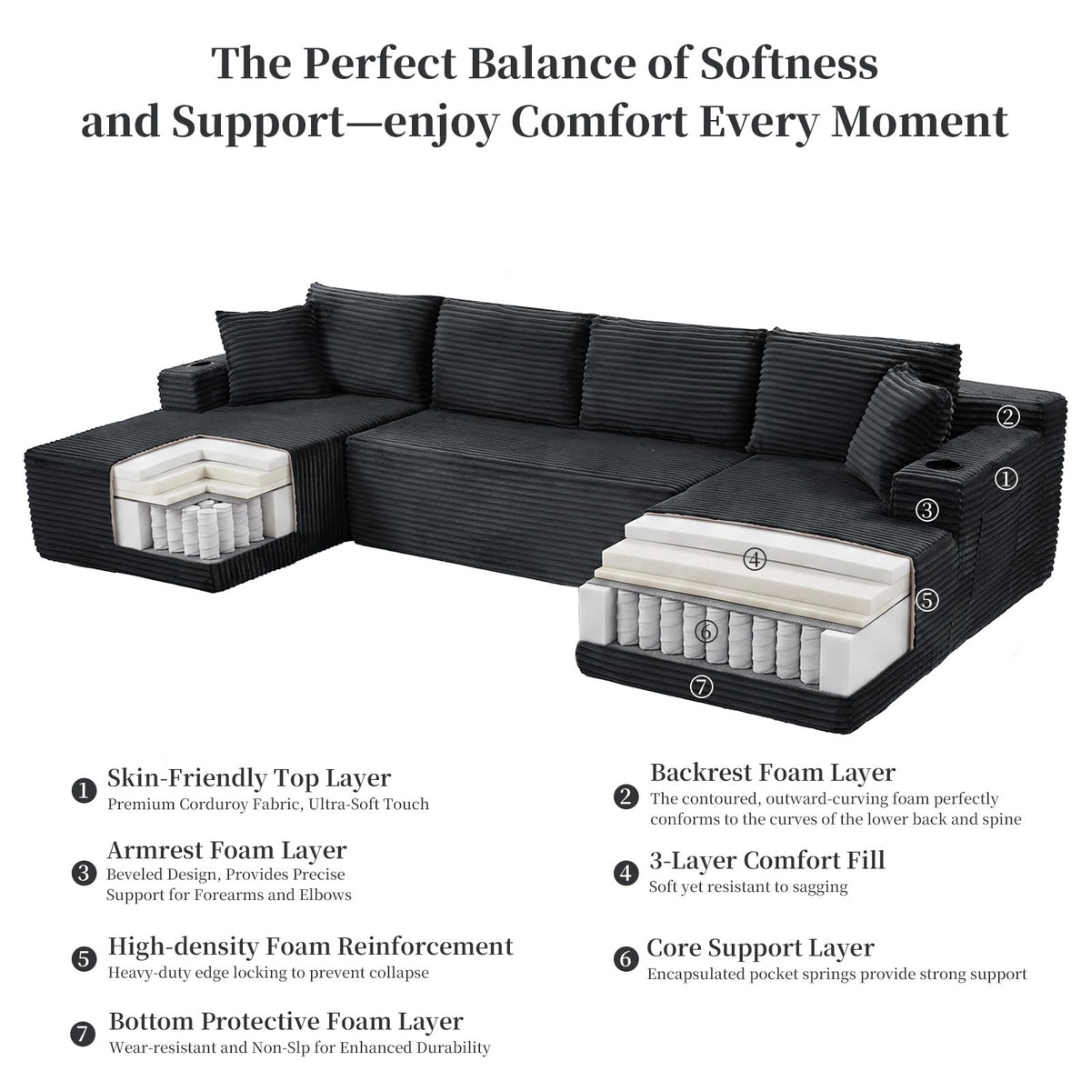 133.5" U Shaped Boneless Couch with Cupholders & Side Pockets, Grey