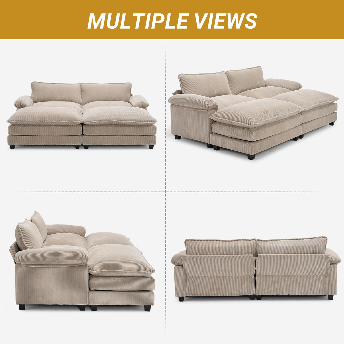 VINGLI Convertible Sectional Sofa with 2 Movable 2-Layer Ottoman Set, Comfy Cloud Sofa Bed with Deep Seat & Chaise, 2-Seater Modular Sleeper Couches, Loveseat for Living Room, Corduroy, Khaki