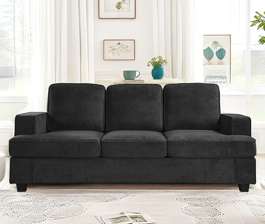 Velvet Sofa, Comfortable 3 Seater Couch with Deep Seating and High Density Foam, Loose Back Cushions, Wide Arms, Livingfor Home, Apartment, Office, Black