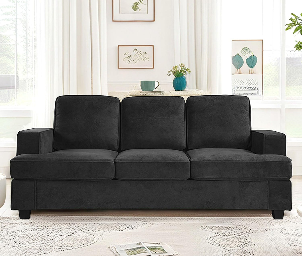 Velvet Sofa, Comfortable 3 Seater Couch with Deep Seating and High Density Foam, Loose Back Cushions, Wide Arms, Livingfor Home, Apartment, Office, Black