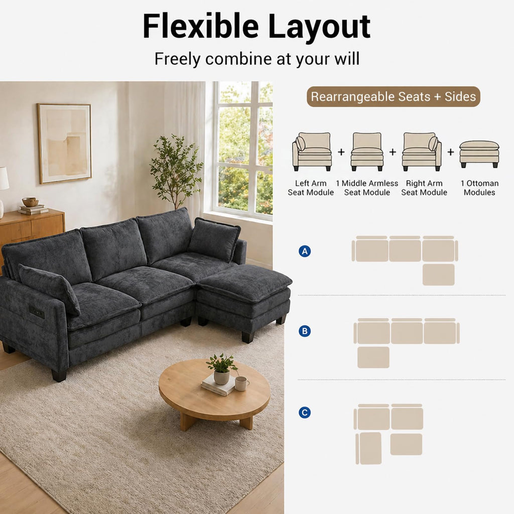 108" Modular Sectional Sofa Cloud Couch - L Shape Sofa with Charging Station Side Storage - Chenille Comfy Couches with Ottoman Movable for Living Room Bedroom Apartment Office, Black