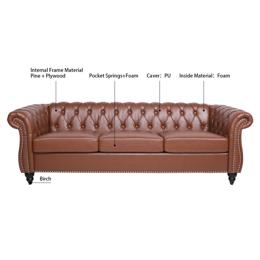 Tidyard 84.6? Brown PU Leather Rolled Arm Chesterfield Three Seater Sofa, Staggered Tufting, Solid Wood Frame, Pocket Spring Cushion, Birch Legs, 660 lbs Capacity
