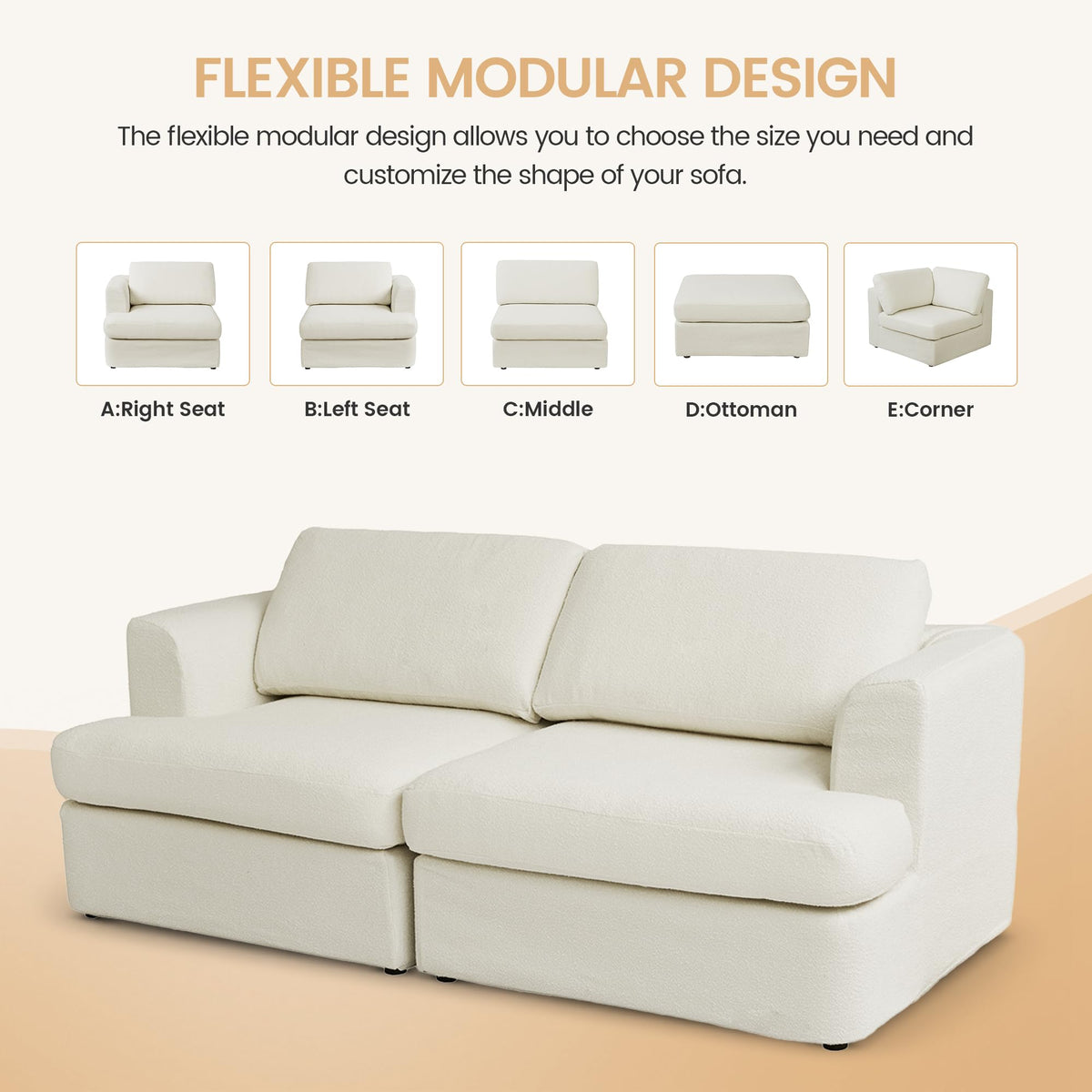 118" V Shape Sectional Sofa Couch, Modern Modular Boucle Cloud Couch with Flexible Layout, Oversized Comfy Upholstered Modular 5-Seats Sectional Couch, White