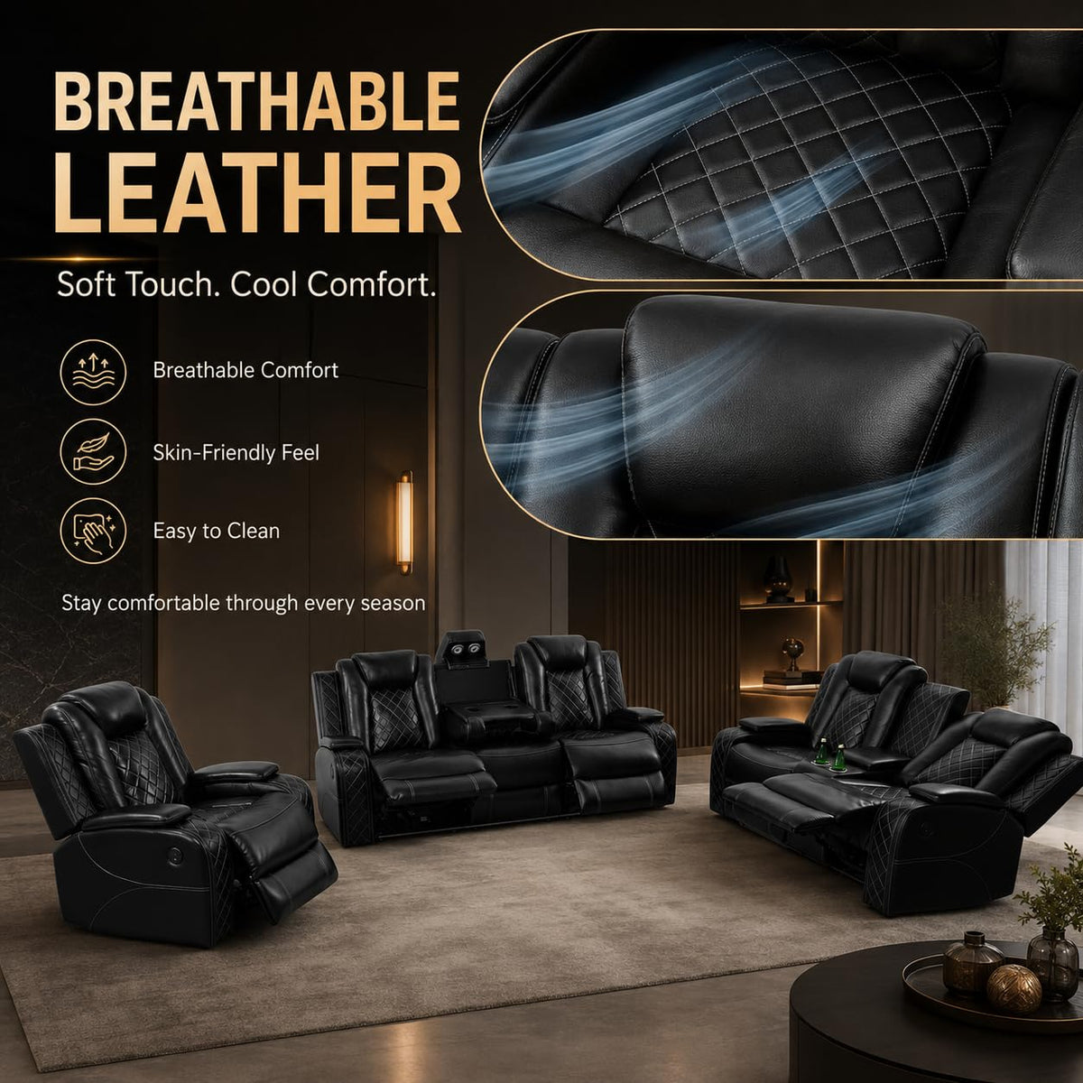 Three people Power Recliner Sofa Breathing Leather with USB Ports,LED Black