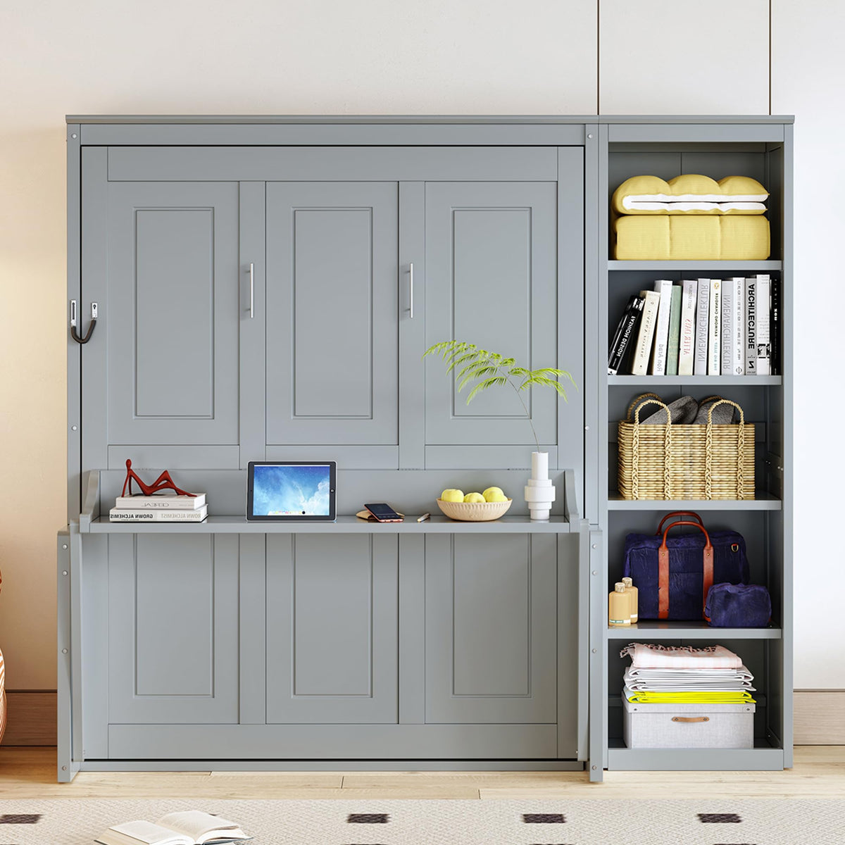 Wood Murphy Bed with Sofa, 4 Storage Shelves and USB Charging Station