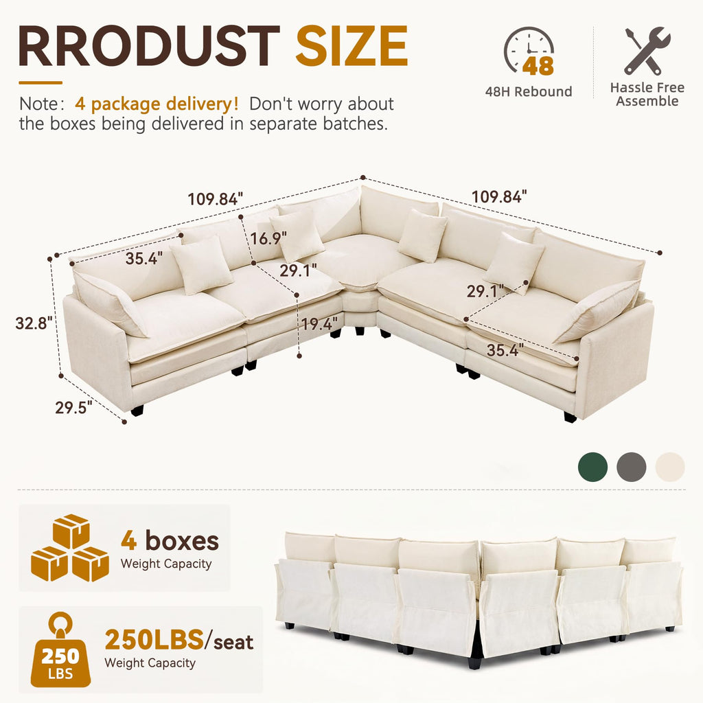 114" V‑Shaped Cloud Modular Sectional Sofa Couch, Chenille Corner Design