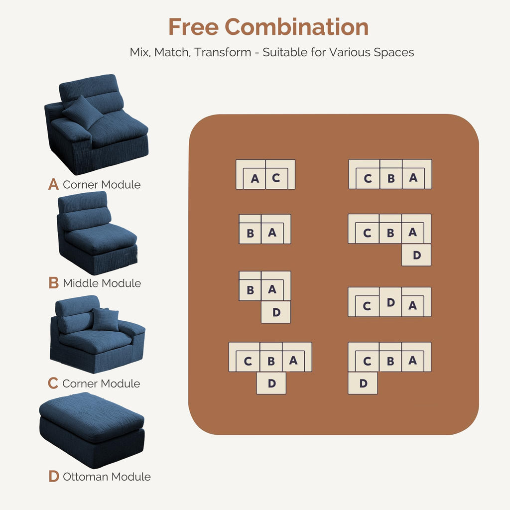 111" Modular Chenille Sofa Set w/ Reversible Chaise,No-Assembly-Beige-Blue