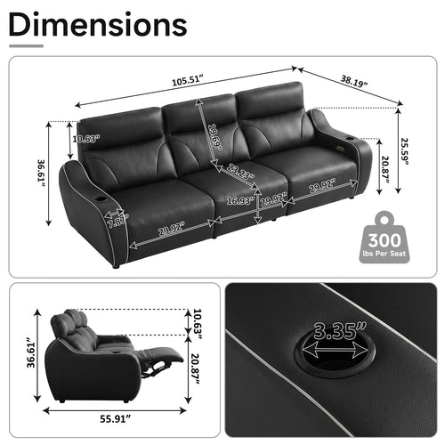 105" Genuine Leather Power Recliner Sofa, 3-Seat Zero Gravity Couch with Massage Backrest, Electric Recliner Couches with USB Ports Cup Holders & USB Charging Ports & LED Light Strip, Black