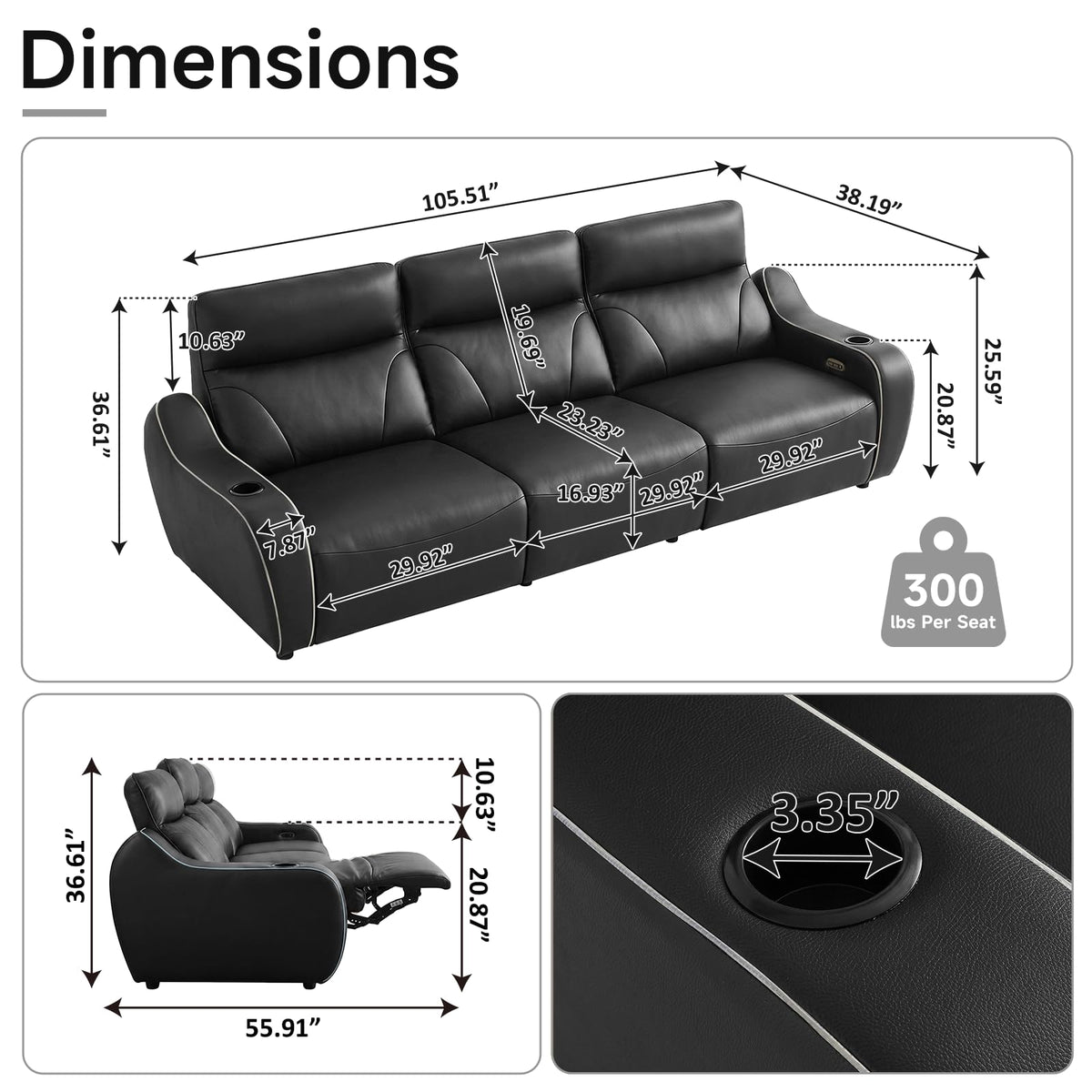 105"Genuine Leather Power Recliner Sofa with Massage, 3-Seater Zero Gravity Reclining Couch with USB Type-C Charging Ports, Cup Holders, LED Lights, Zero Wall Hugger Sofa for Living Room,Black