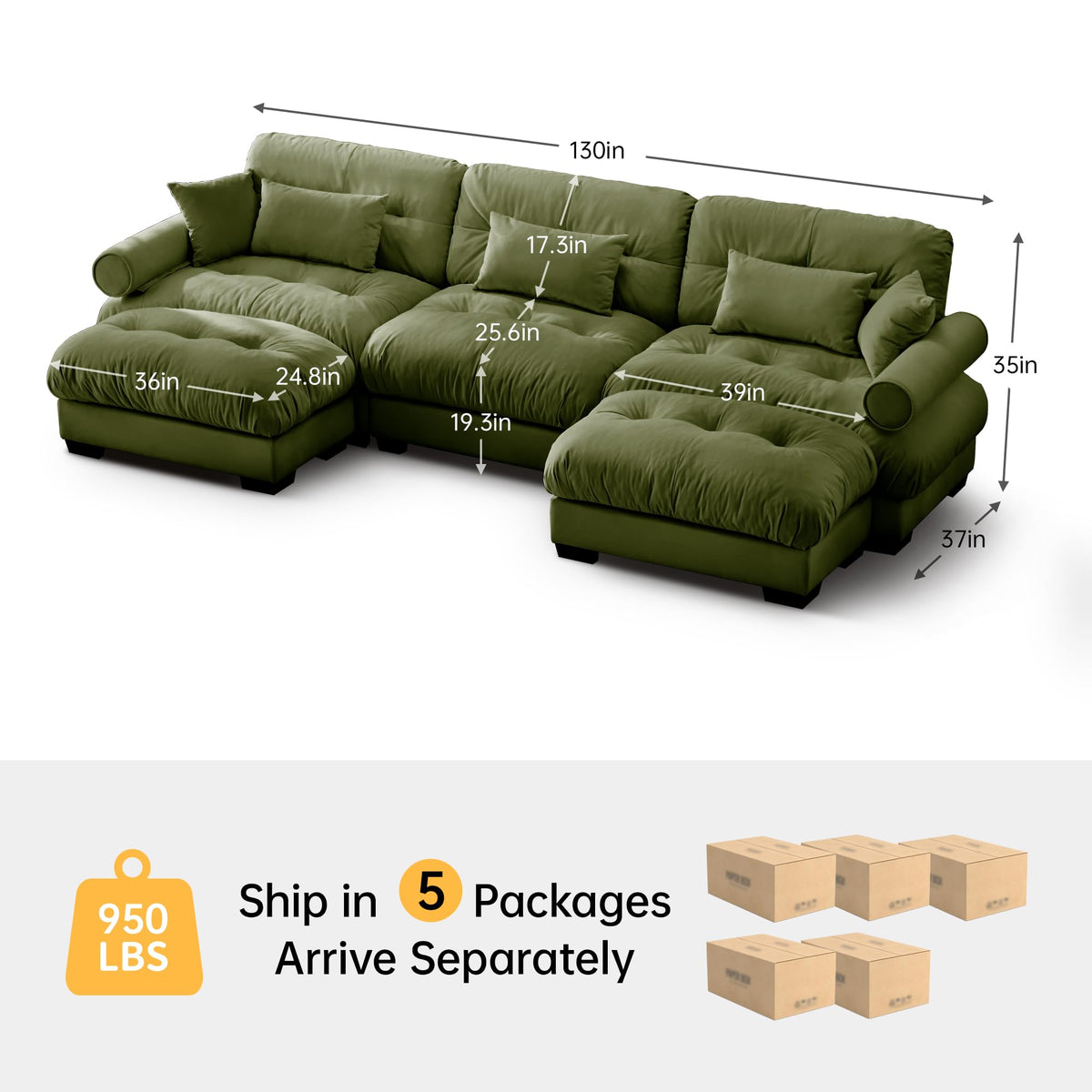 Velvet Modular Sectional Sofa,130" W Oversized U Shape Cloud Couch with 2 Ottomans,Free Combined 3 Seater Comfy Sofa with Bolster Armrest Pillows,Green for Living Room