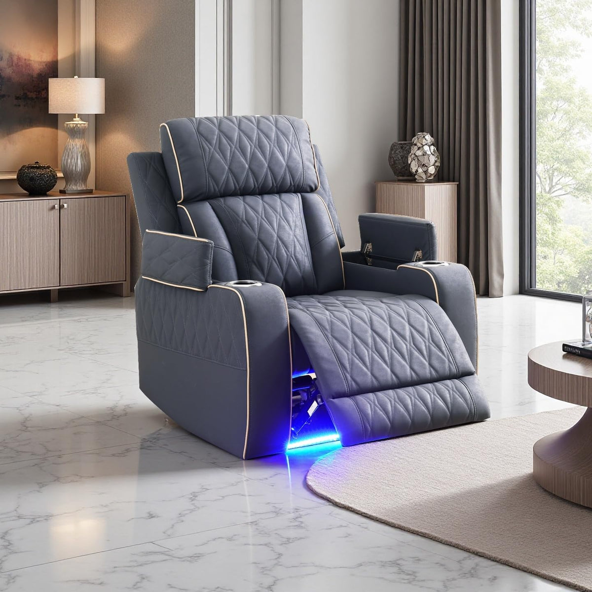A Ainehome Power Leather Recliner Sofa Set with LED Lights, Recliner Sofa Sectional Couches for Living Room, Reclining Sofa, loveseat, Chair with USB Port/Storage Console/Cup Holder(black,3-piece set)
