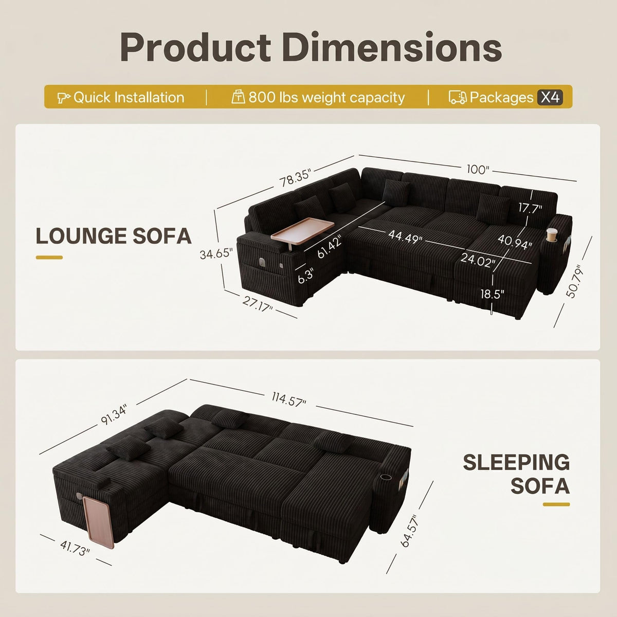 100" Modular Sectional Sleeper Sofa with Pull Out Bed, 7 Seat Corduroy U Shaped Couch with Storage Chaise|Reclining Backrest|Side Table|USB Port, Cloud Sectional Couches for Living Room, Black