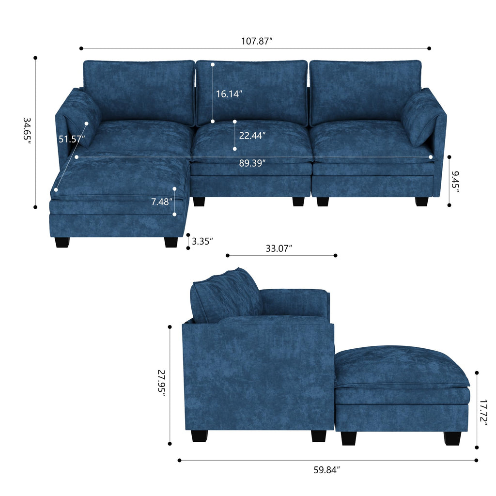 107.8'' Large Size 3 Seater Sofa Couch, L Shaped Sofas with Movable Ottoman, Arm with Pockets,Fabric Couches for Living Room, Apartment, Office