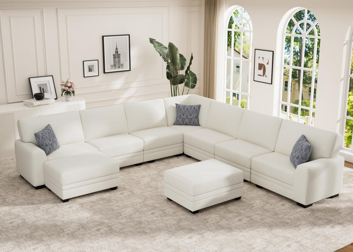 Wanderwell Oversized Modular Sectional Sofa, 6-Seater U Shaped Couches with Movable Ottoman,Corduroy Sectional Couch with Wide and Deep Seats Suitable for Living Room,Bedroom,Apartment (Olive, L-7)