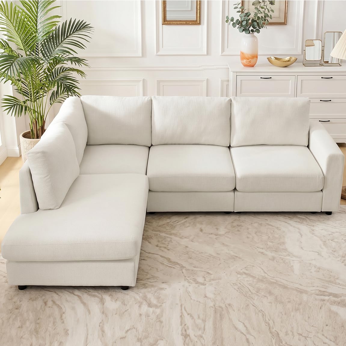 100" Modular Sectional Sofa with Reversible Chaise, Comfy L-Shaped Couch with Deep Seat, Modern Chenille 4-Seater Sectional Couches for Living Room, Apartment, Beige