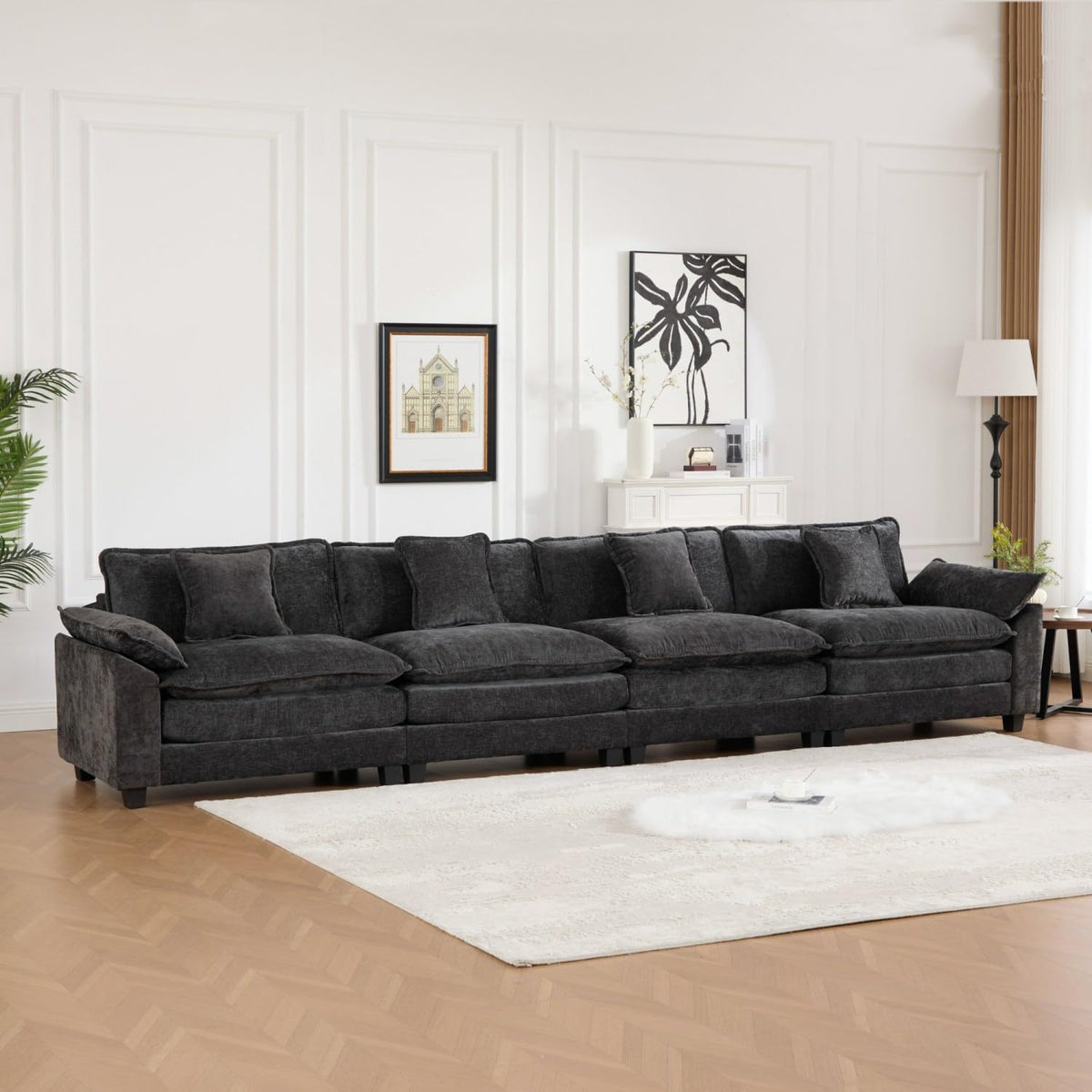 Wider Armrest 3 Seats Modern Sectional Couch Black Chenille Cloud Living Room Bedroom Apartment Cozy