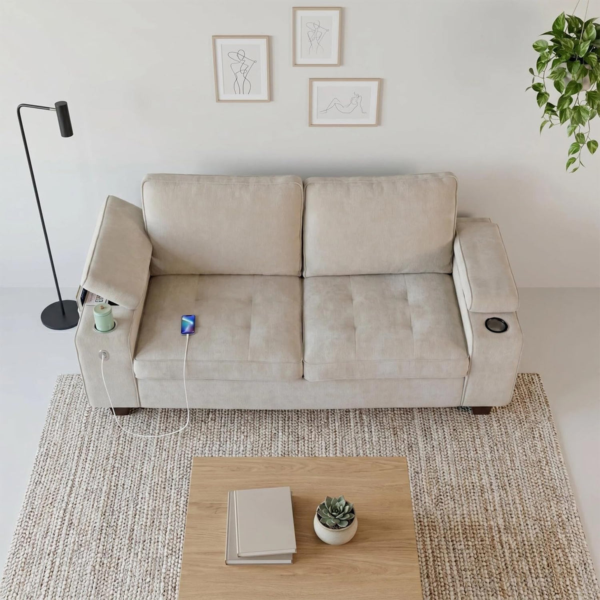 100" L Shaped Sectional Sofa with Hidden Armrest Storage, USB & Type-C Charging Ports, 4-Position Adjustable Armrests, Built-in Cup Holders, Upholstered Couch for Living Room, Brown