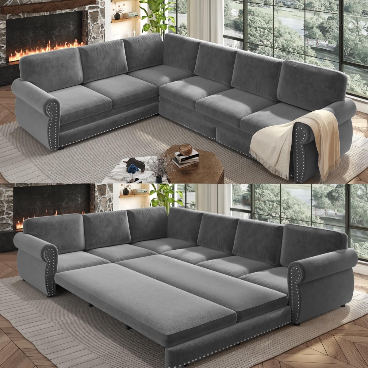 118" L-Shaped Sofa Couch with Pull-Out Bed,Oversize Convertible Sleeper Sofa with Nailhead Trim & Rolled Arm,Chenille Upholstered Sectional Couches,Light Grey