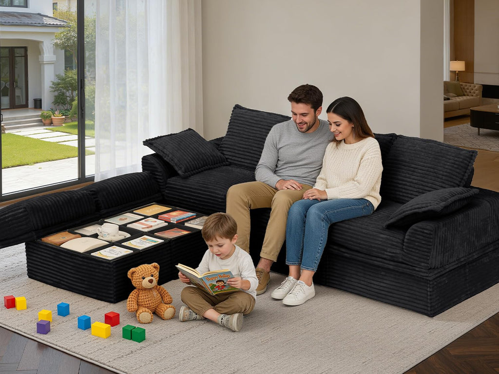Upgraded Boneless Couch with Storage, 107" Modular Sectional Sofa Couches for Living Room, Extra Deep&High 3 Seater U-Shaped Boneless Sofa with Ottoman, Tool-Free Assembly, Black