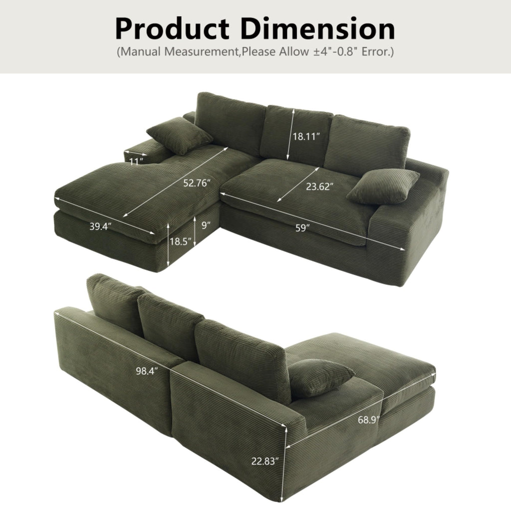 White corduroy compressed sofa. It has a soft and skin-friendly sitting feel, adding a healing atmosphere to the warm living room. It comes with 3 back cushions and 2 throw pillows. (Green)
