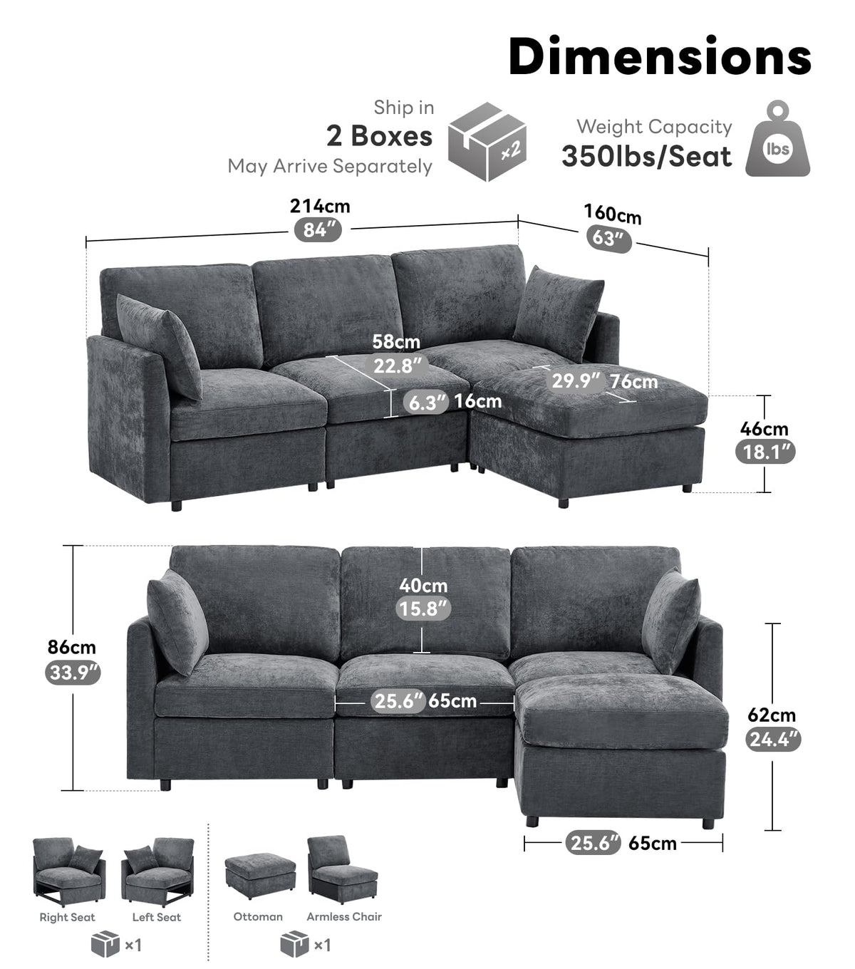 Tbfit Convertible L Shaped Couch, Sectional Sofa for Living Room,Chenille Cloud Couch with Ottoman 4 Seat (Grey)