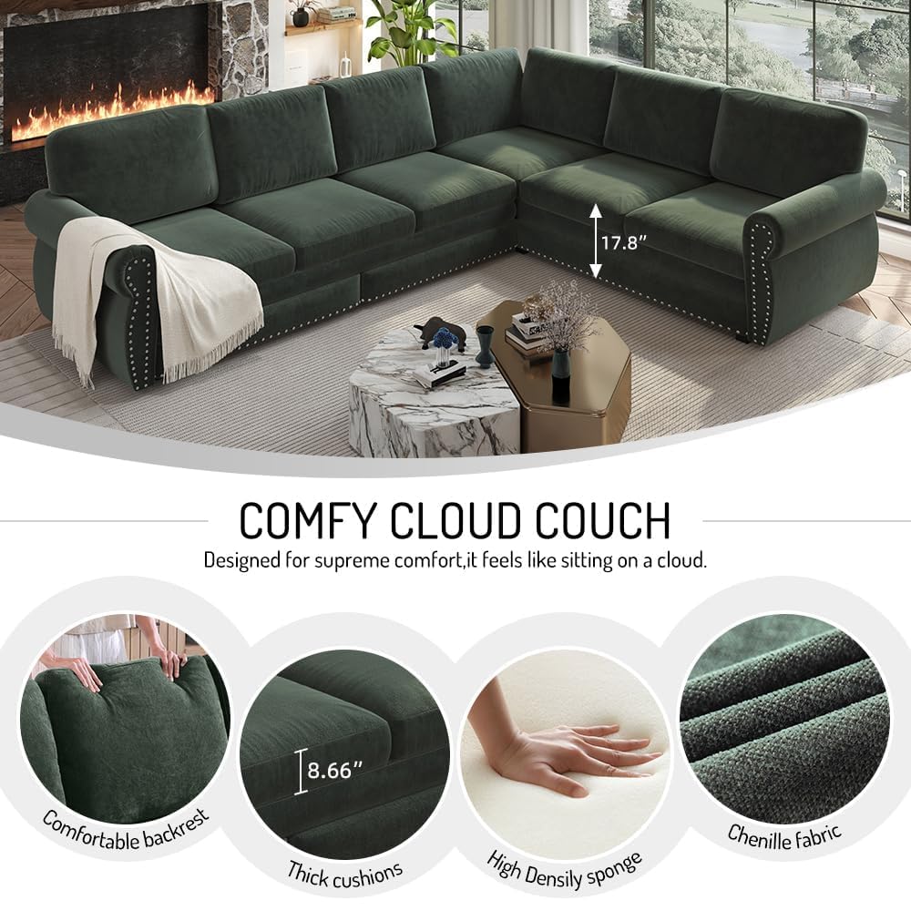 118" Sleeper Sofa Bed, Sectional Couches for Living Room/Apartment, Chenille L Shaped Couch with Pull Out Couch Bed, Convertible Sectional Sofa with Rolled Arm & Nailhead Trim, Green