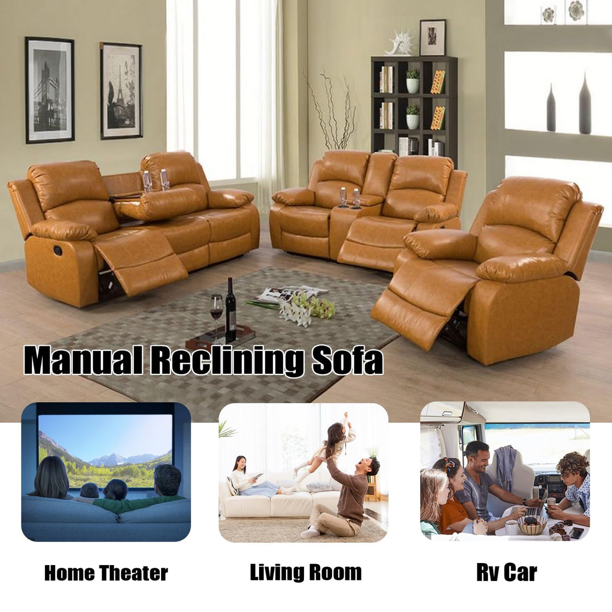 Manual Leather Recliner Sofa Set for Living Room Furniture Sets,Reclining Couch Set, Leather Couch Set for Living Room/Lounge/Club/Apartment(Ginger,Sofa+Loveseat+Chair)