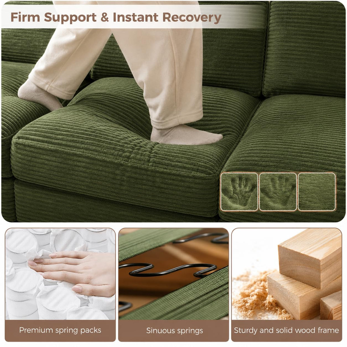 Vipbear 120" Modular Sectional L Shaped Sofa Couches for Living Room,3 Seat with 1 Movable Ottoman,Comfy Corduroy Sofa with USB Port,Side Pocket,Pillow,Green