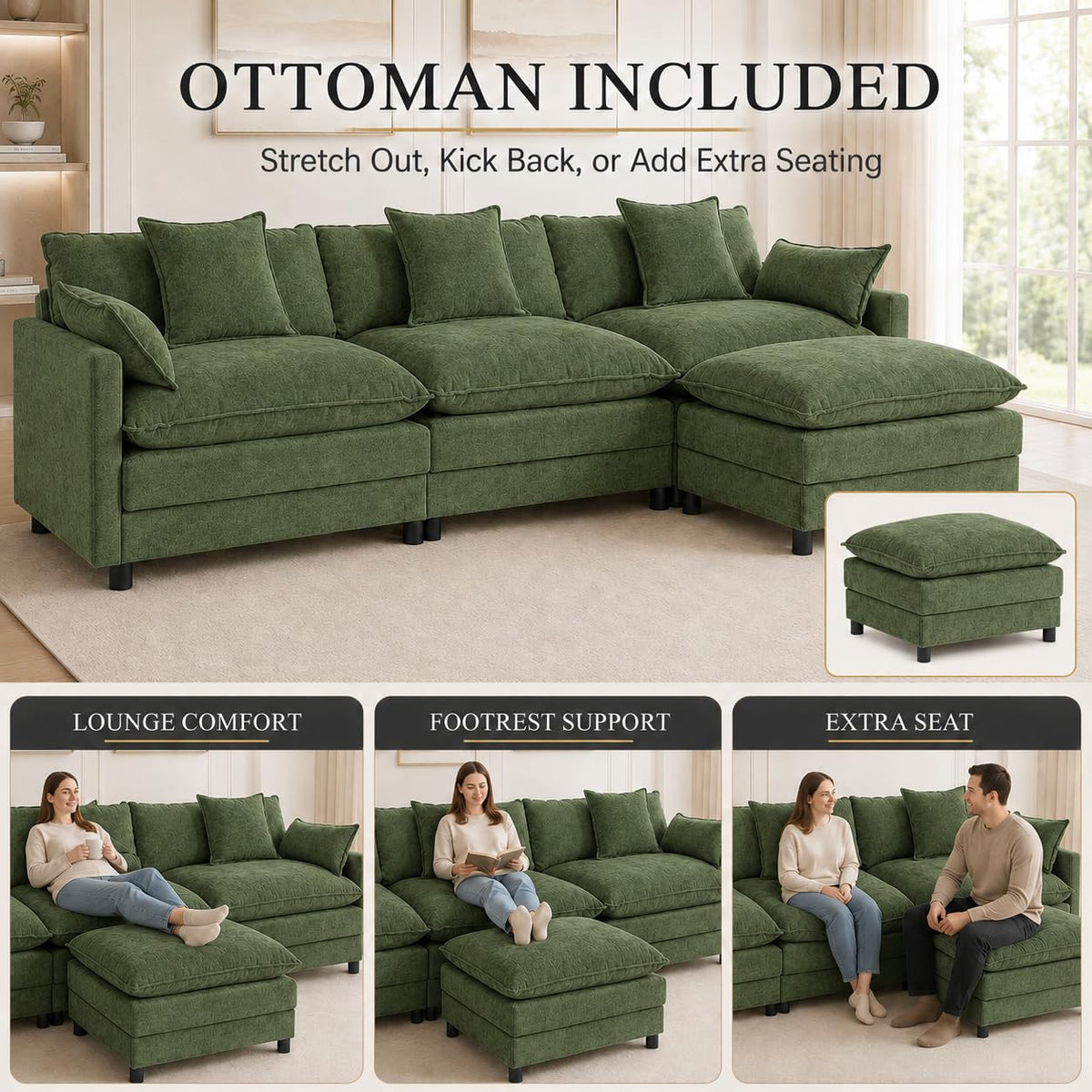 108" Modular Sectional Sofa with Ottoman, Chenille, Green