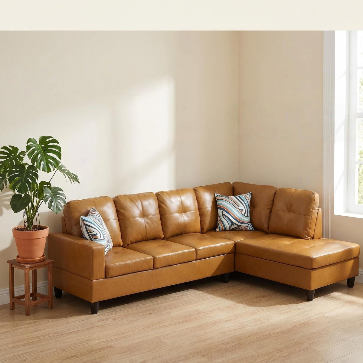 103.5" Sectional Couch with Movable Ottoman, L Shaped 4 Seater PU Faux Leather Sofa w/Chaise Lounge, Comfy Modern Modular Couch for Living Room, Apartment, White Stripes, Right, 3PCS