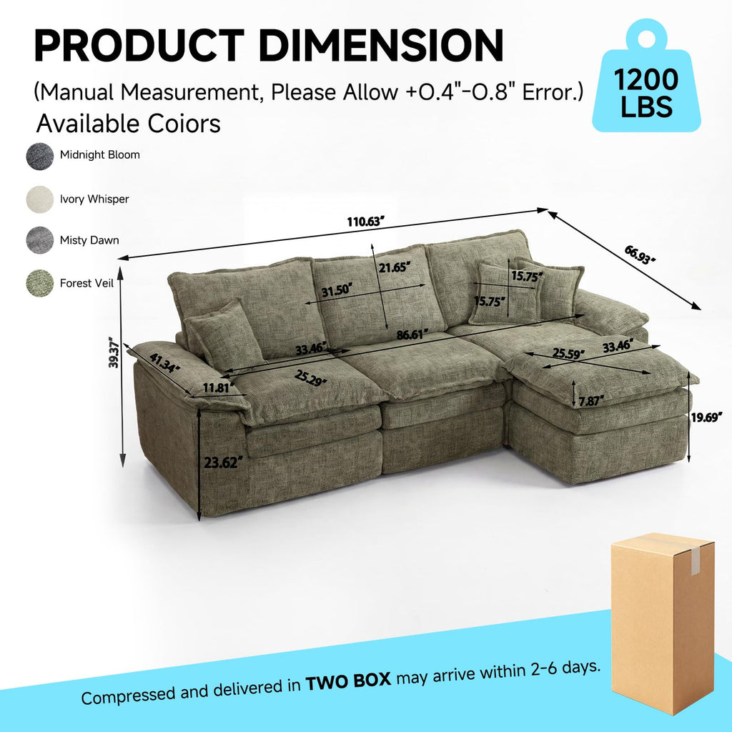 110" L-Shaped Sofa Bed,3-Layer Cushion Modular Sectional Boneless Couch