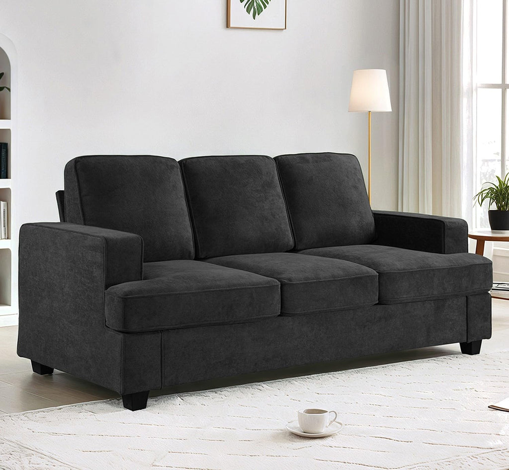 Velvet Sofa, Comfortable 3 Seater Couch with Deep Seating and High Density Foam, Loose Back Cushions, Wide Arms, Livingfor Home, Apartment, Office, Black