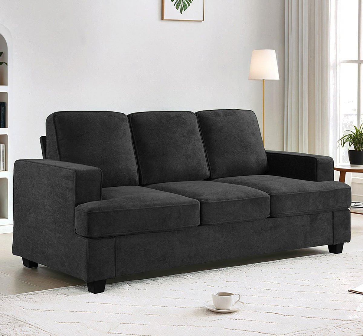 Velvet Sofa, Comfortable 3 Seater Couch with Deep Seating and High Density Foam, Loose Back Cushions, Wide Arms, Livingfor Home, Apartment, Office, Black