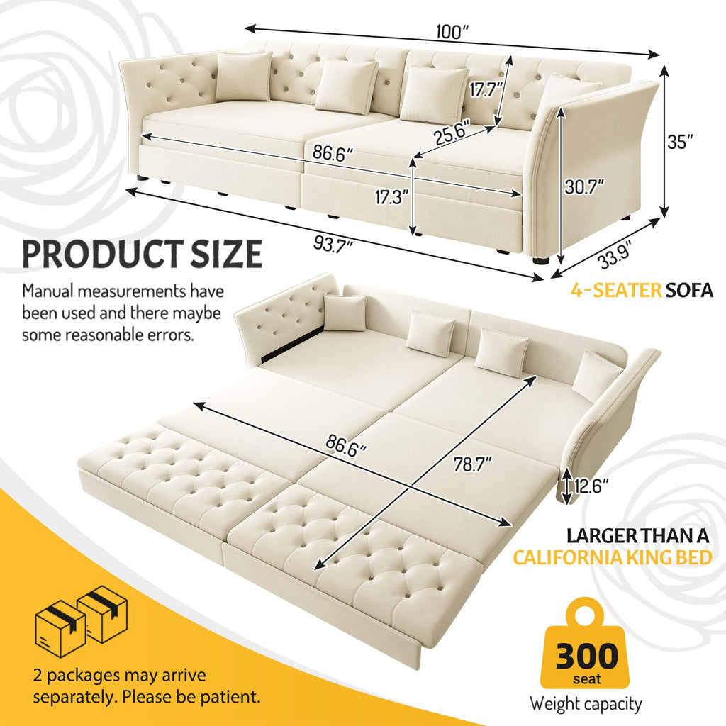 100'' Sleeper Sofa Bed California King, Velvet Chesterfield Couch, Beige