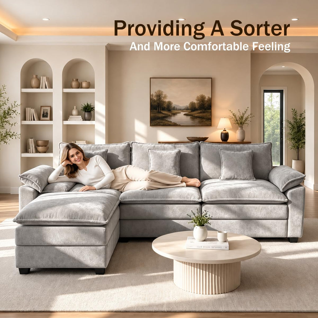 119" Cloud Couch Sectional, L Shaped Modular Sectional Sofa for Living Room, 3 Seater Sofa with 3 Removable Washable Pillows and 1 Ottoman, Light Gray