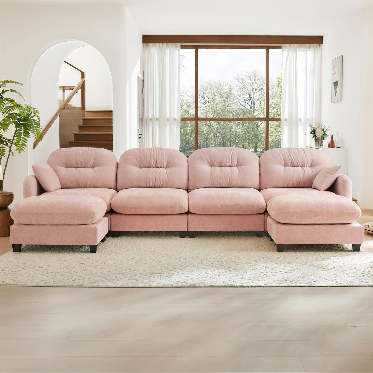 107" L Shaped Couch, Chenille Upholstered Modular Sectional Sofa, 3 Seater Deep Seat Sofa with Movable Ottoman, Modern Cloud Couch with Thick Seat Cushion, Sectional Couches for Living Room, Pink