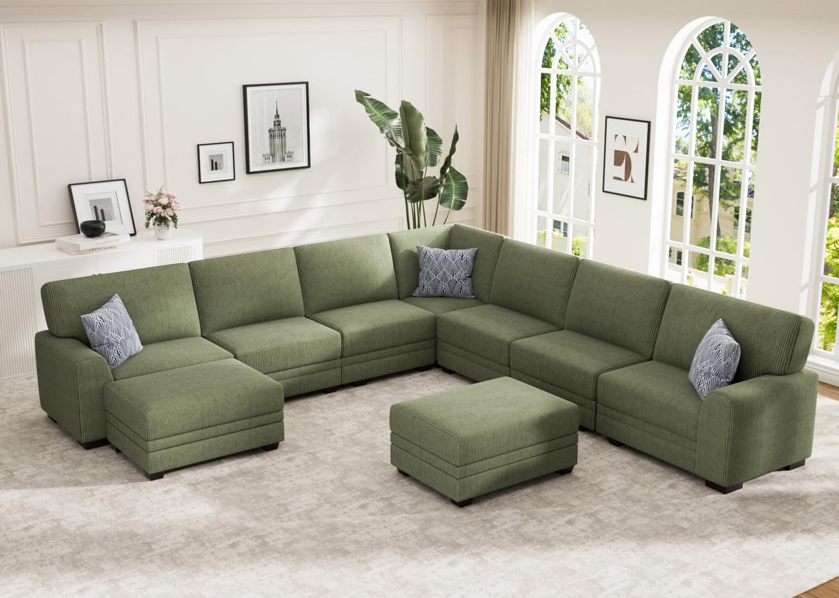 Wanderwell Oversized Modular Sectional Sofa, 6-Seater U Shaped Couches with Movable Ottoman,Corduroy Sectional Couch with Wide and Deep Seats Suitable for Living Room,Bedroom,Apartment (Olive, L-7)