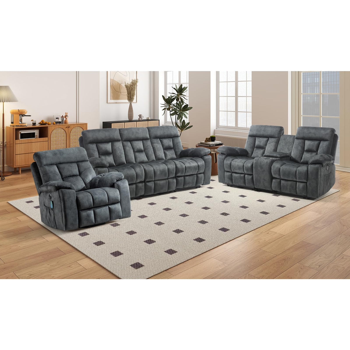 EBELLO 2 Piece Reclining Living Room Set, Soft Fabric Recliner Sofa Furniture Set, Included Power Lift Recliner Chair with Massage and Heat and 3 Seat Sofa, Dark Greenish-Grey