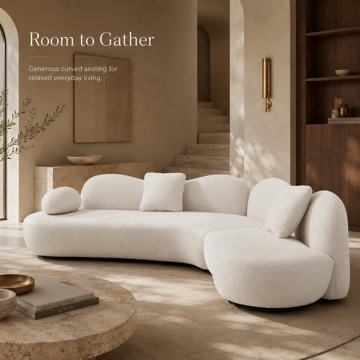 128" White Boucle Curved Sectional Sofa, 5-Seat Italian Modern Couch