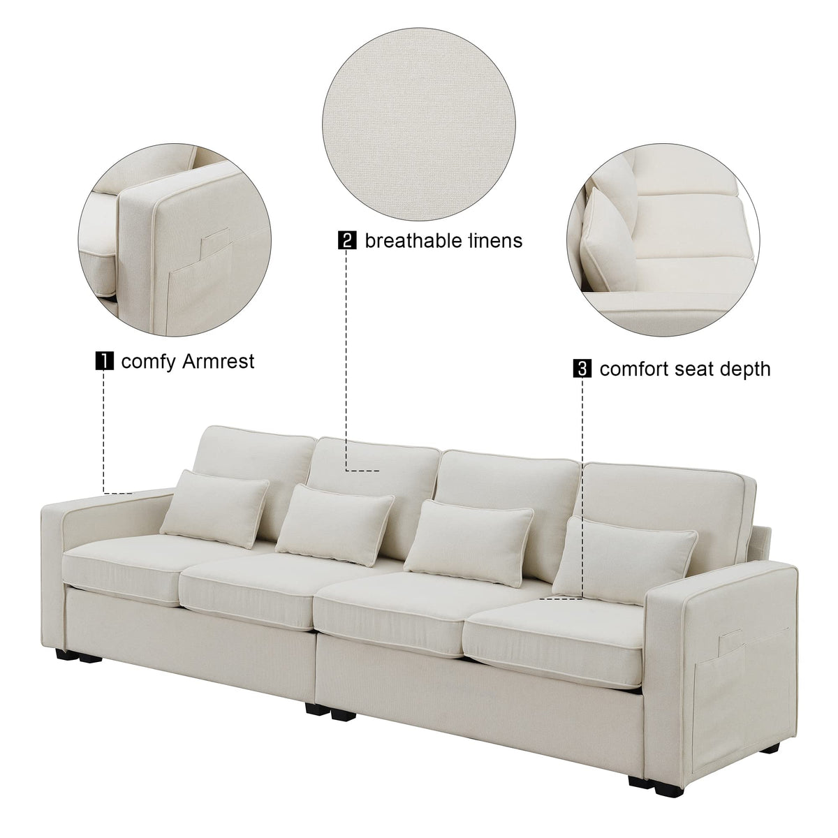 104" 4 Seater Linen Fabric Sofa with Armrest Pockets and 4 Pillows,Style Couch for Living Room, Apartment, Office,3 Colors