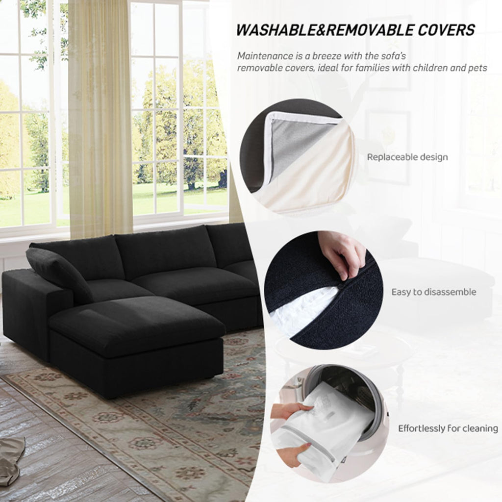 WJShome Cloud Couch Modular Sectional Sofa,160.6" Down Filled 5 Seater Convertible Sectional Sofas,V Shaped Couch for Living Room,Covers Washable&Replaceable (Black)