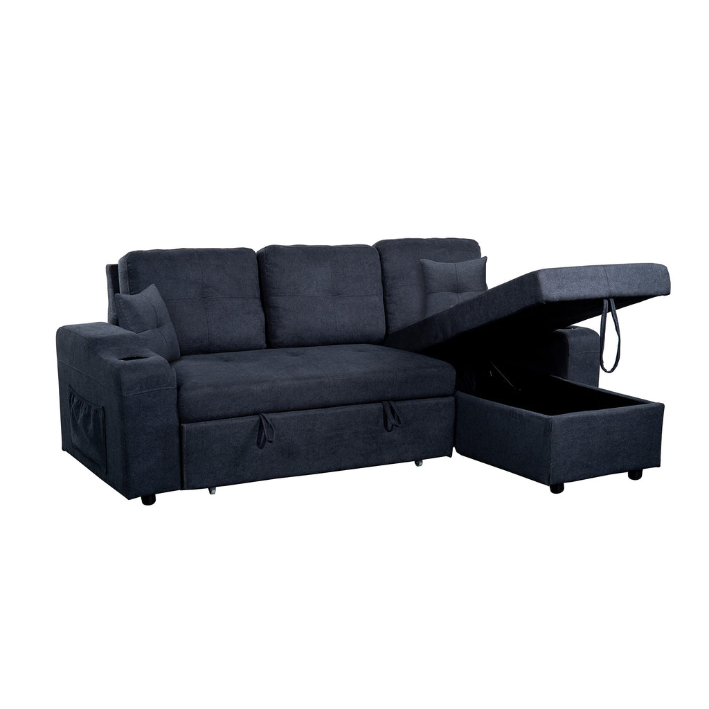 Tidyard Right-Facing Sectional Sofa with Footrest, Convertible Corner Couch with Storage Armrest, Pull-Out Sofa Bed, Double Cup Holders, Dark Grey, Modern Living Room Furniture