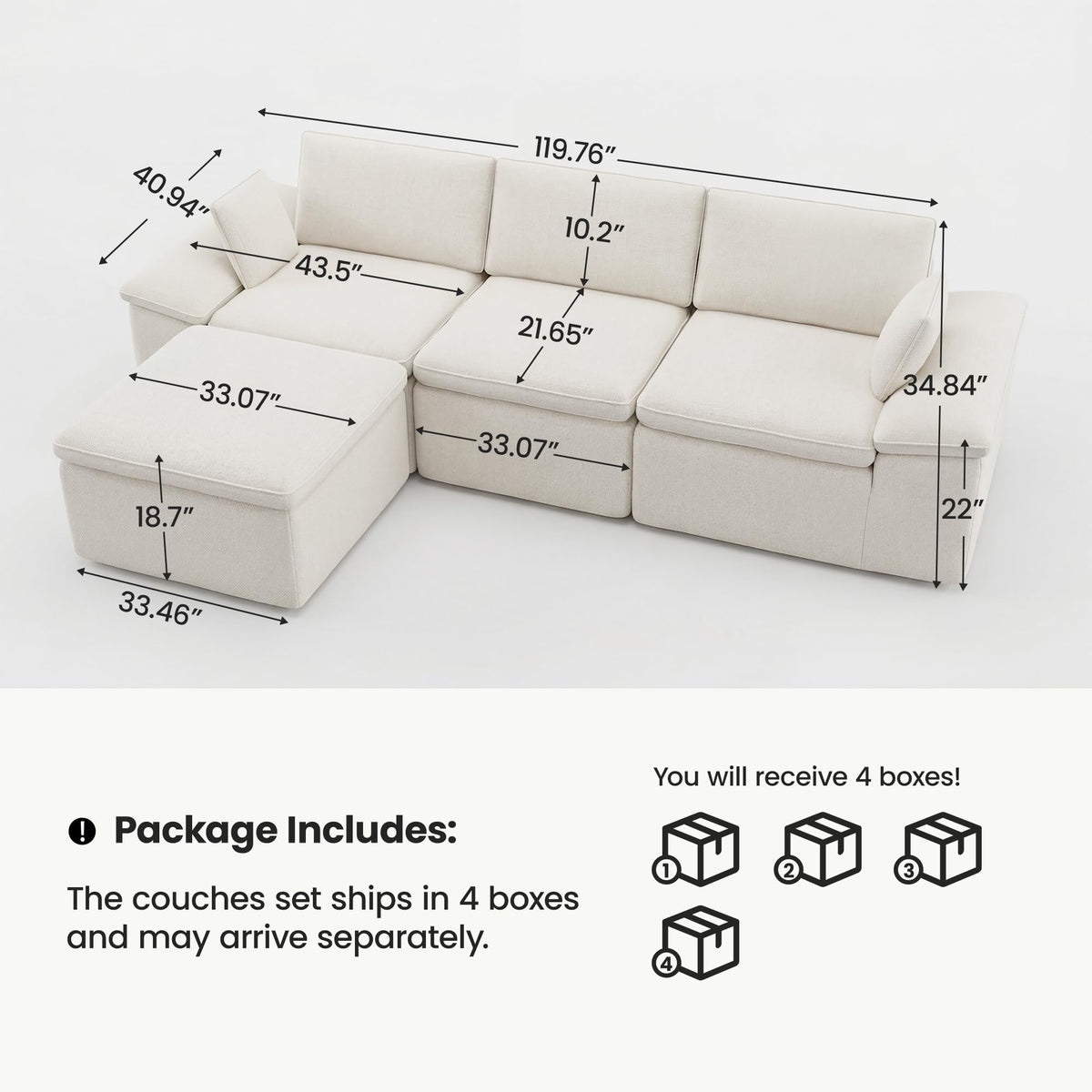 119.76" L Shaped Cloud Couches for Living Room,Large Modular Sectional Sofa with Ottoman,Convertible Couch Deep Seat Sofa with Pillow for Bedroom and Apartment, Beige