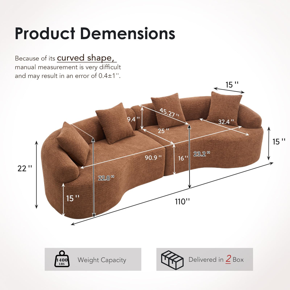 110-inch L-Shaped Luxurious Modern Contoured Curved-Back Sofa, a Seamless Boneless Design with Curved Silhouette, Ideal for Apartment, Living Room use, No Assembly