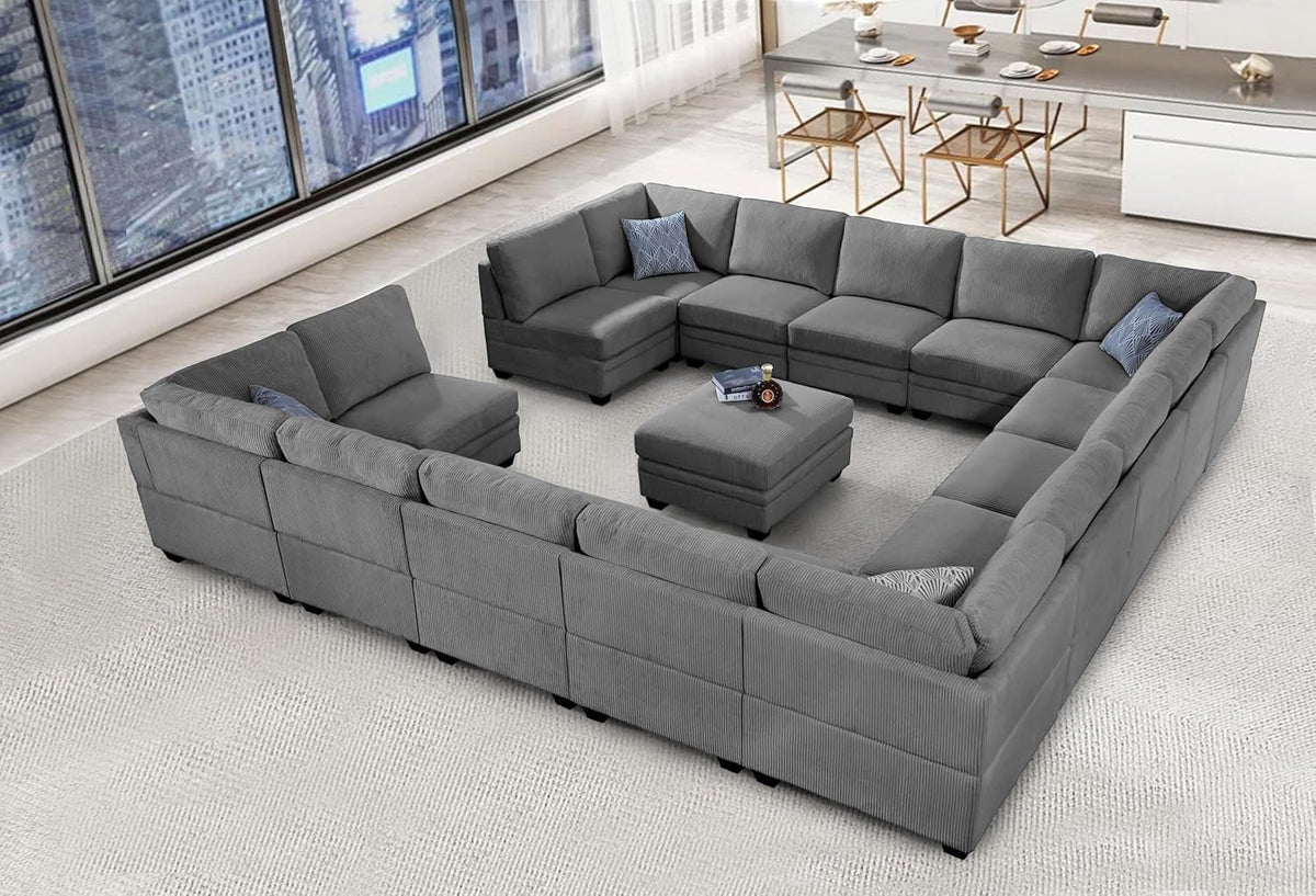 Wanderwell Oversized Modular Sectional Sofa, 6-Seater U Shaped Couches with Movable Ottoman,Corduroy Sectional Couch with Wide and Deep Seats Suitable for Living Room,Bedroom,Apartment (Olive, L-7)
