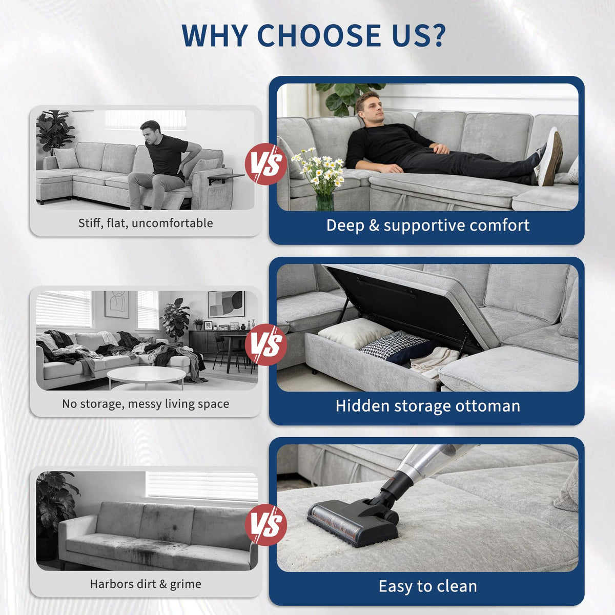 116" Modular Sectional Couch, U Shaped 7 Seater Sofa with Pull Out Bed, Chenille Cloud Upholstery, Ottoman, Folding Side Table, USB Charging Stations, Grey