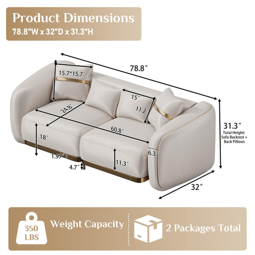 79" Velvet Cloud Sofa with Gold Accent, Plush Cushions and Deep Seat, Beige