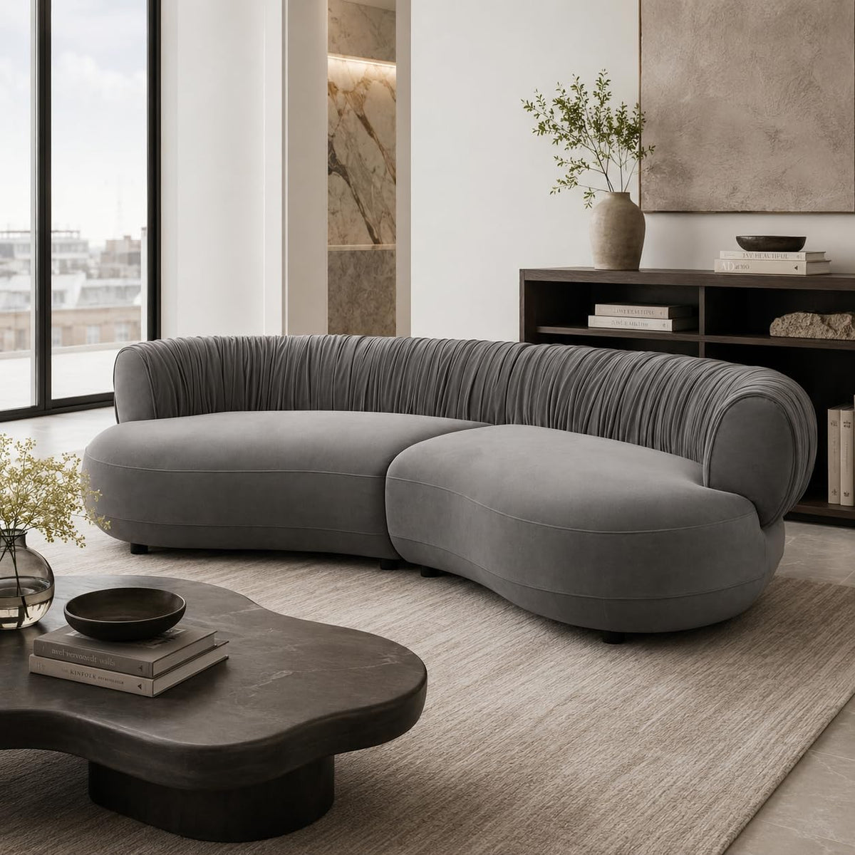 102" Curved Sectional Sofa, Green Velvet 4-Seater Couch, Living Room