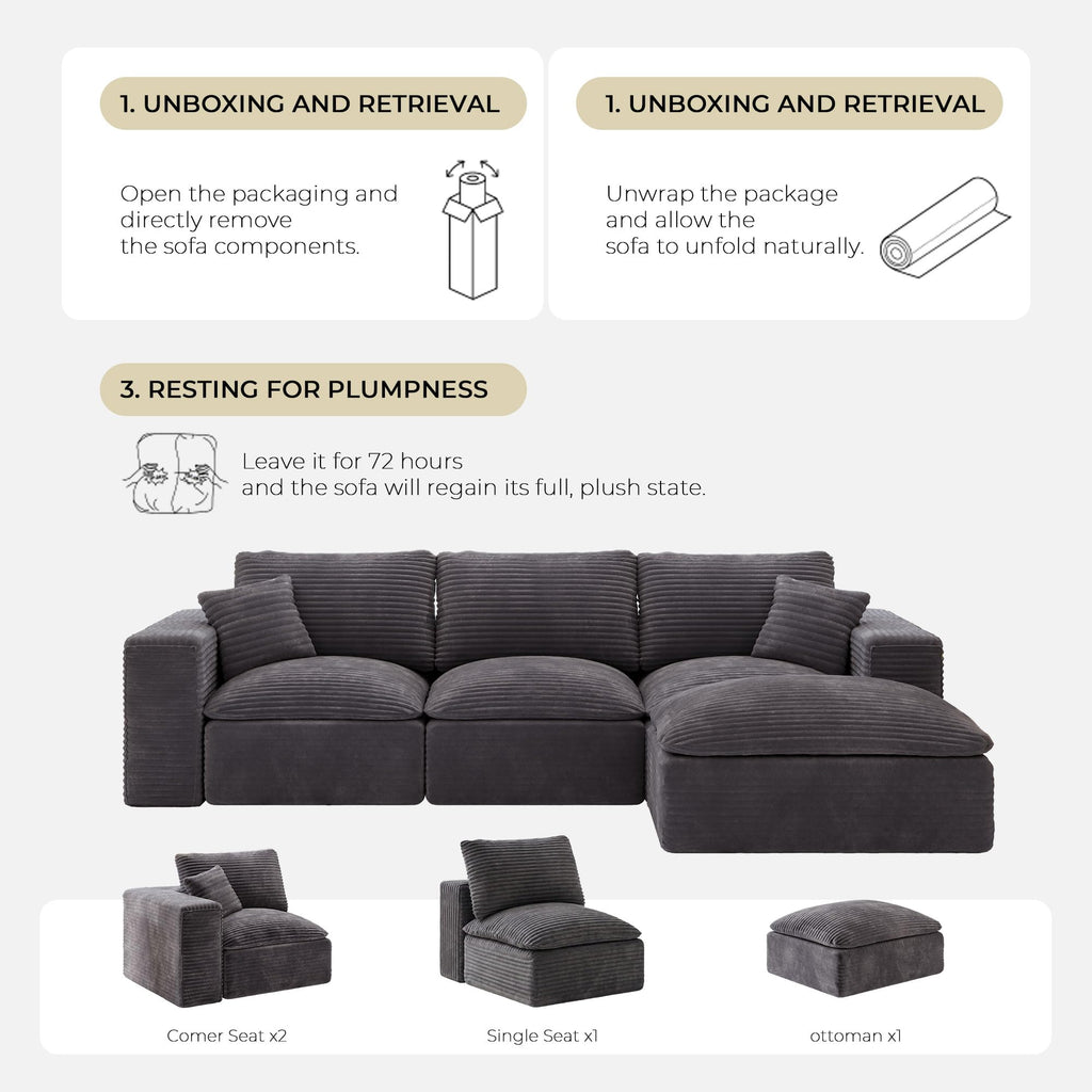 108" Cloud Sectional Sofa, L-Shape Modular Couch with Chaise & Ottoman, Corduroy Fabric, Oversized Deep Seat Sofa, Interchangeable Sections for Living Room or Offices