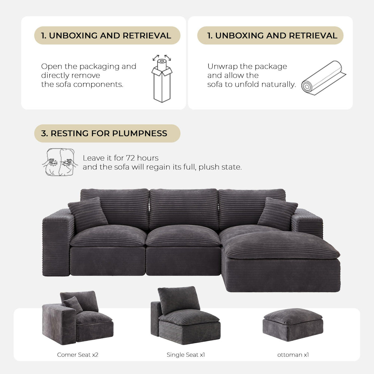 108" Cloud Sectional Sofa, L-Shape Modular Couch with Chaise & Ottoman, Corduroy Fabric, Oversized Deep Seat Sofa, Interchangeable Sections for Living Room or Offices